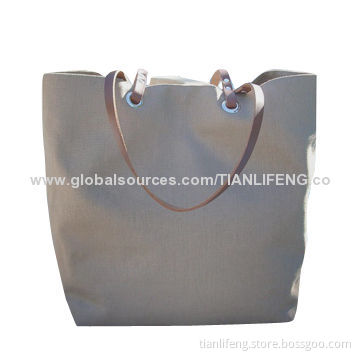 Casual Taupe Linen and Leather Tote Bag